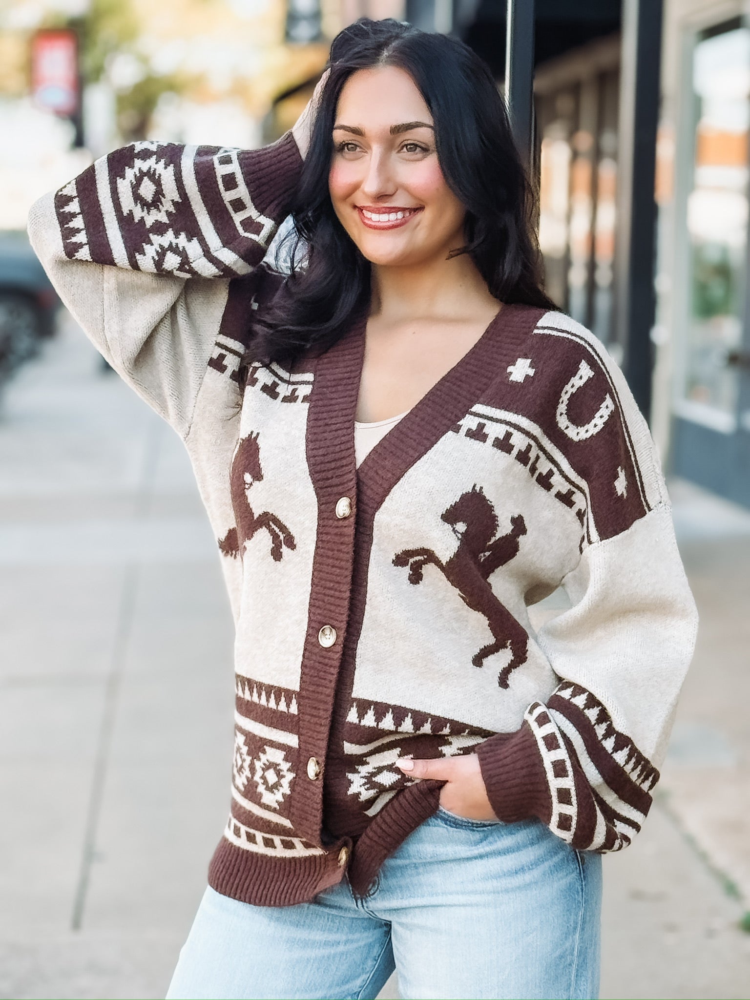 Horse aztec printed brown and cream cardigan sweater.