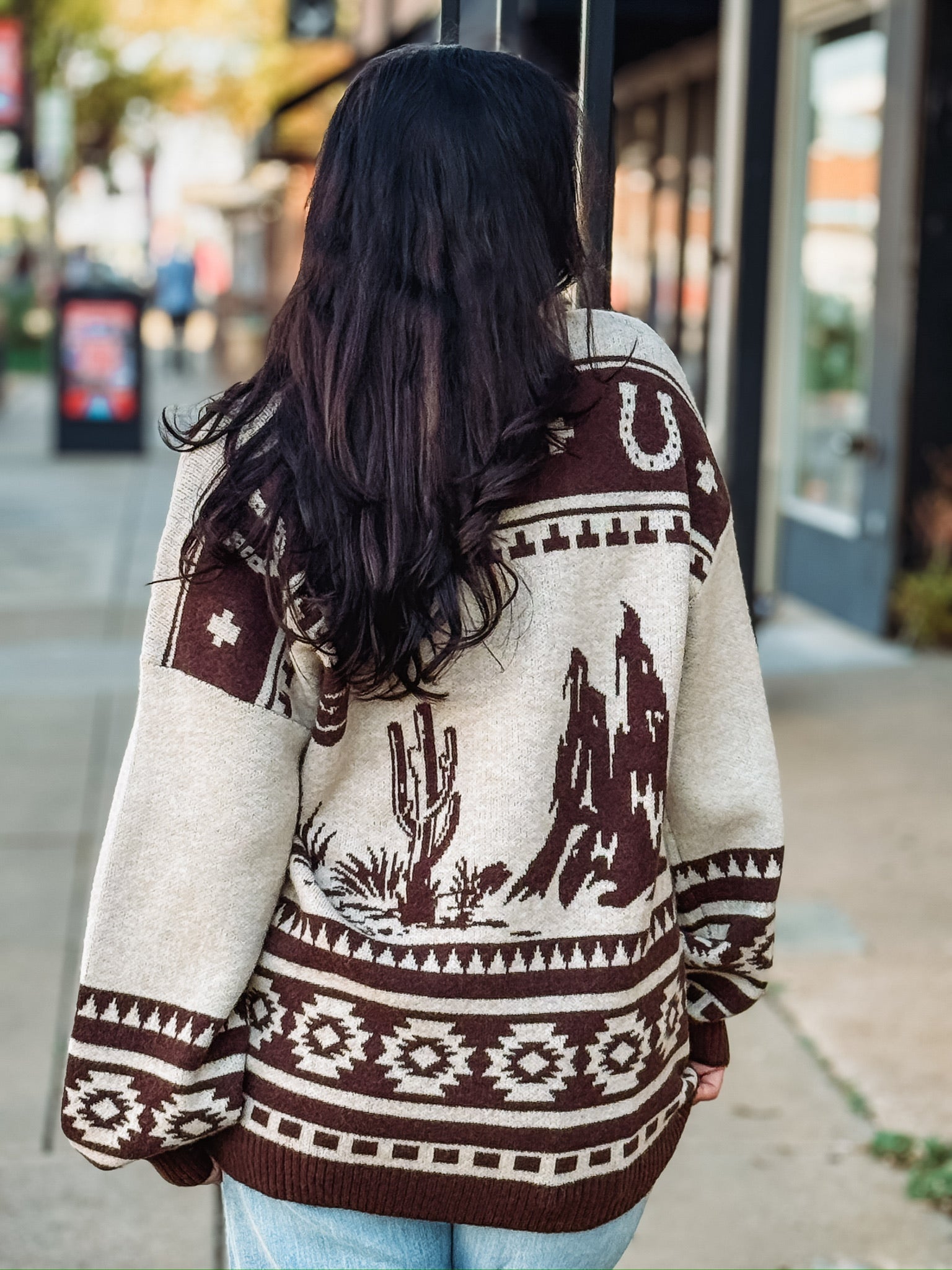 Horse aztec printed brown and cream cardigan sweater.
