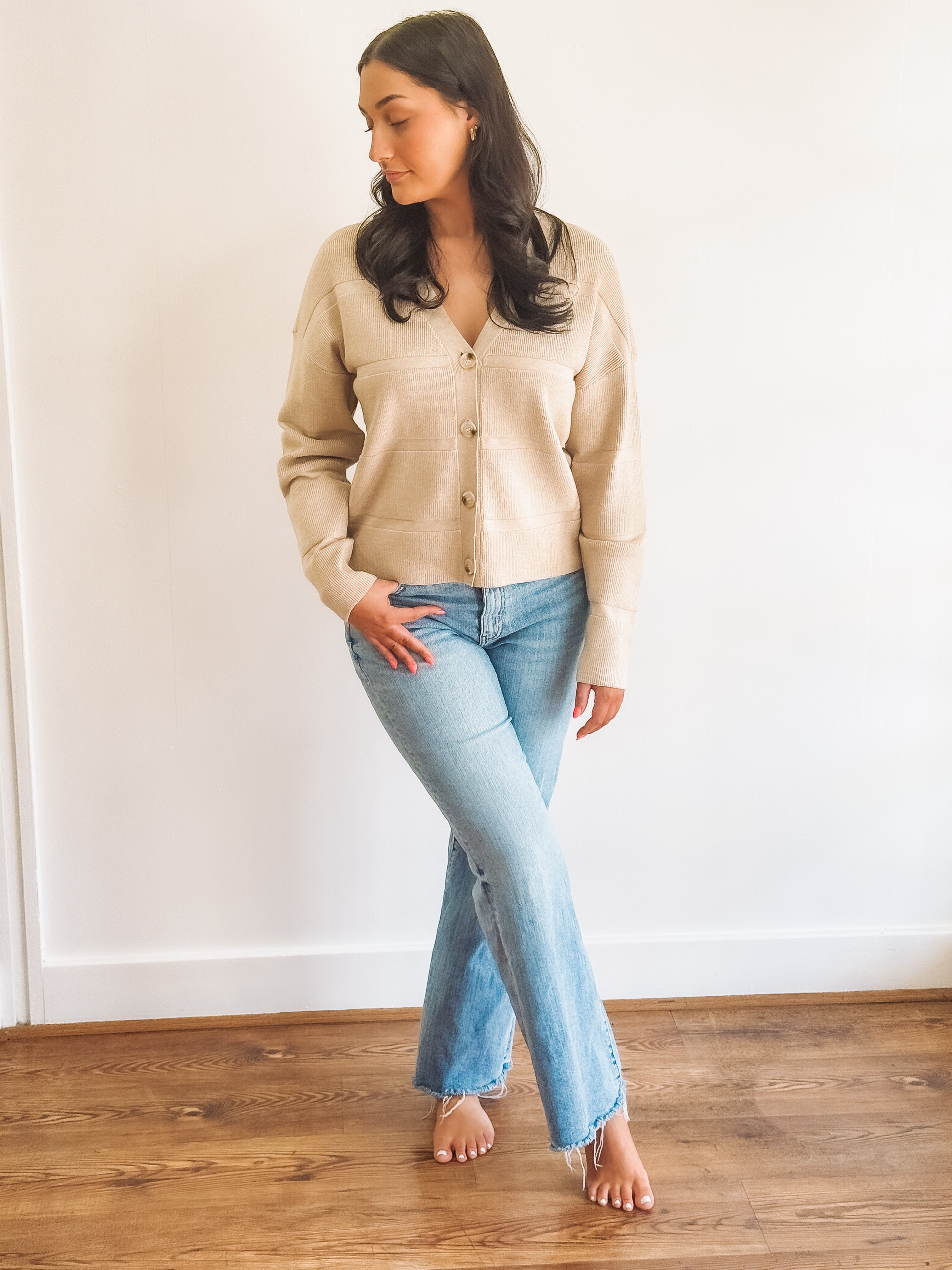 beige textured button up cardigan