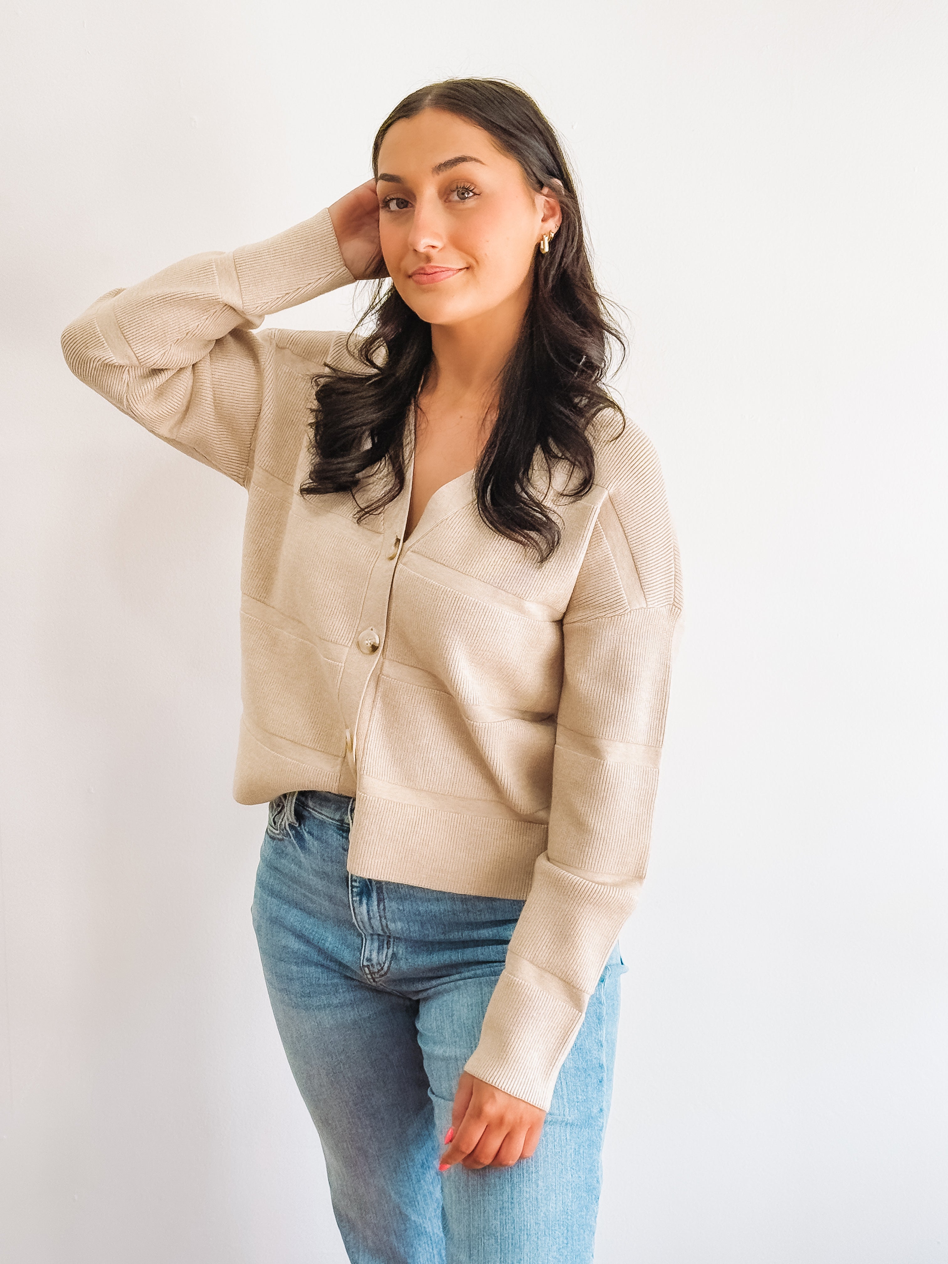 beige textured button up cardigan