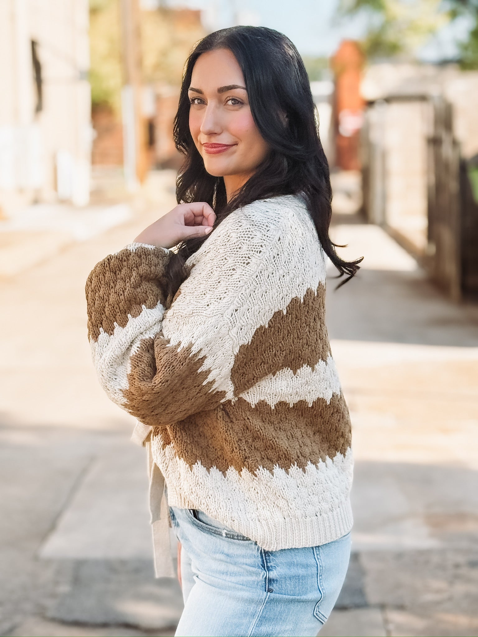 Brown and Cream knitted bow tie front sweater.