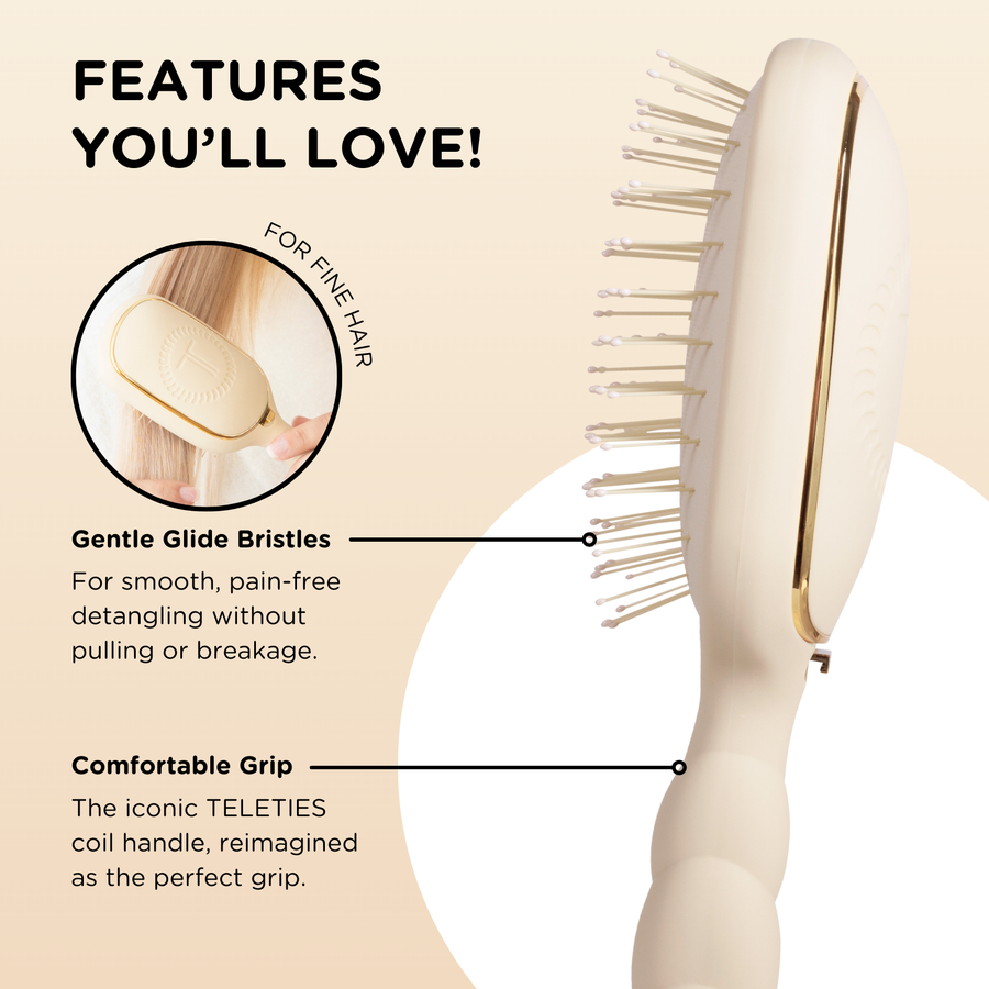 Hairbrush with features highlighted on a beige background