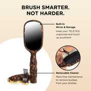 Hairbrush with mirror and storage feature on a beige background