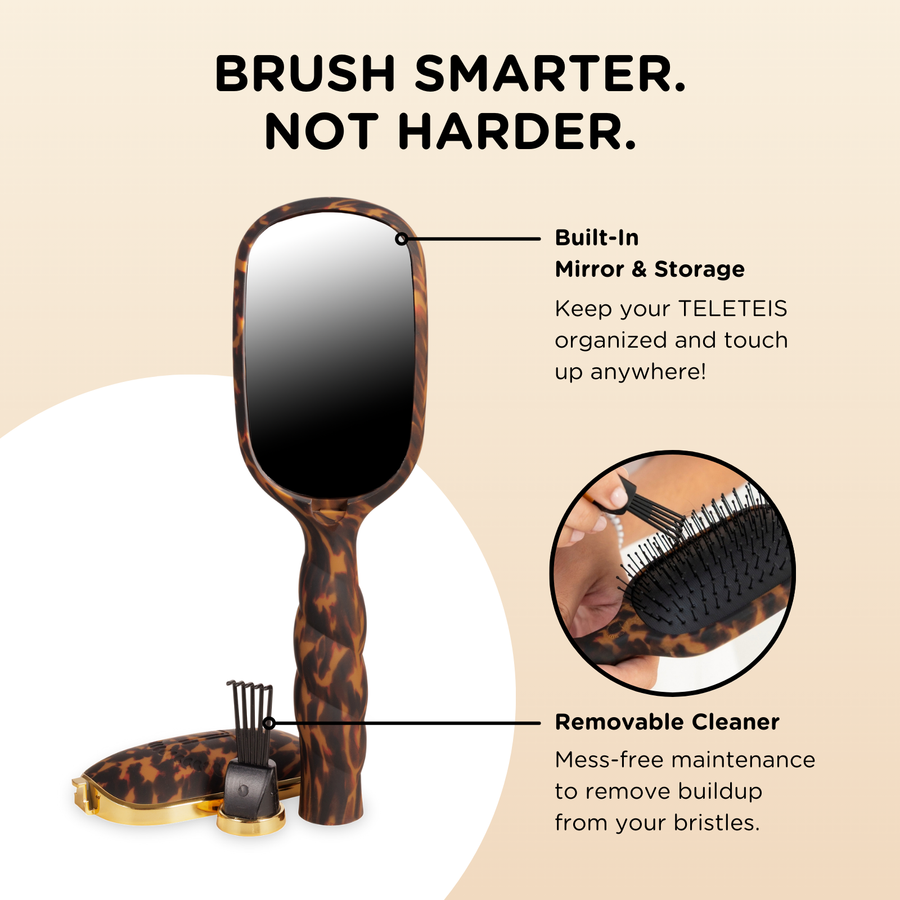 Hairbrush with mirror and storage feature on a beige background