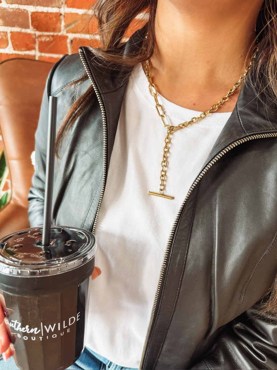 17 - 20 in necklace where two different gold chains converge to a drop down bar.