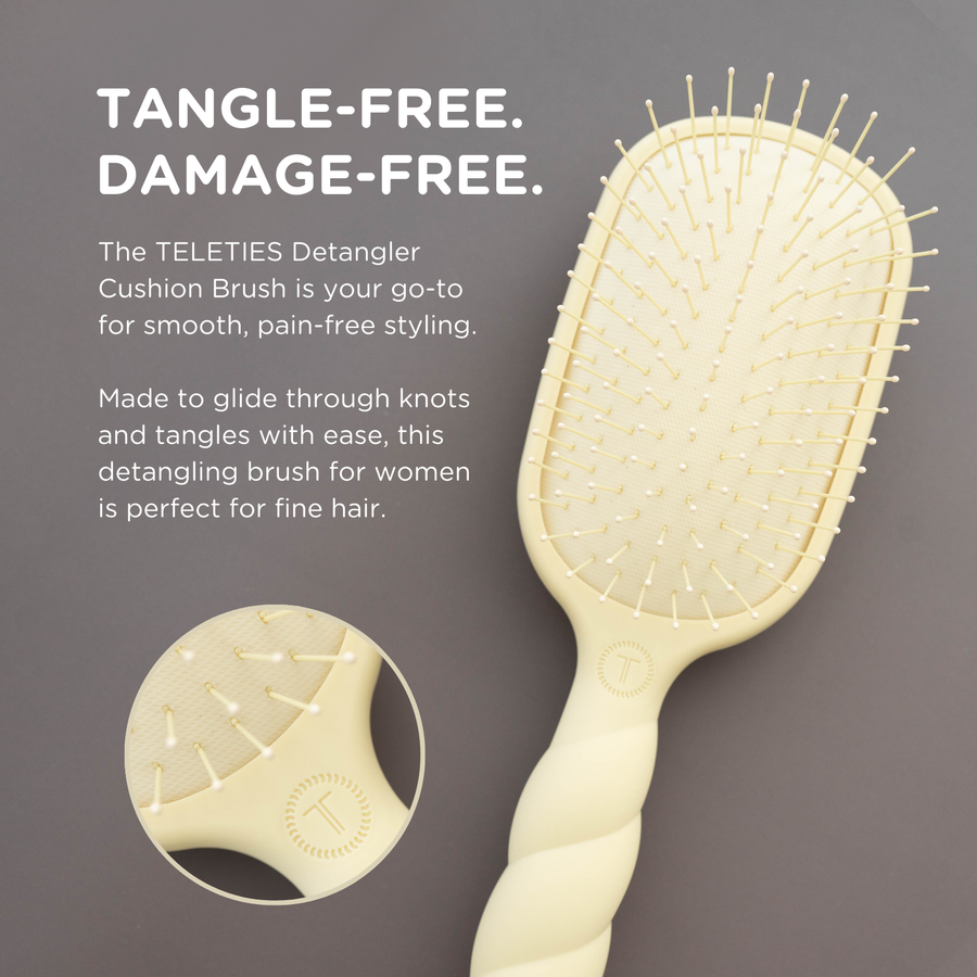 Teleties Detangler Cushion Brush with text on a gray background
