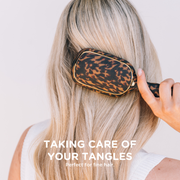 Person using a leopard print hairbrush on their blonde hair with text 'Taking care of your tangles' and 'Perfect for fine hair'.