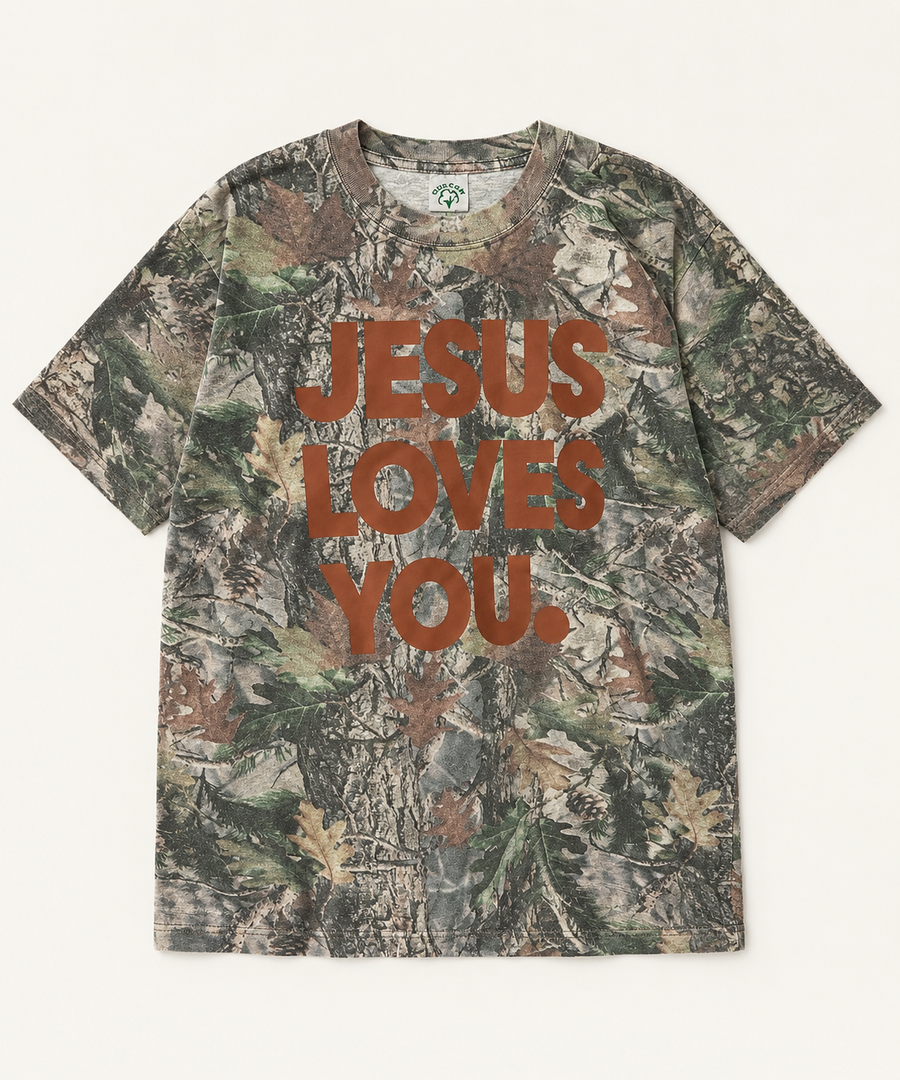 'Jesus Loves You' Camo Tee - Brown