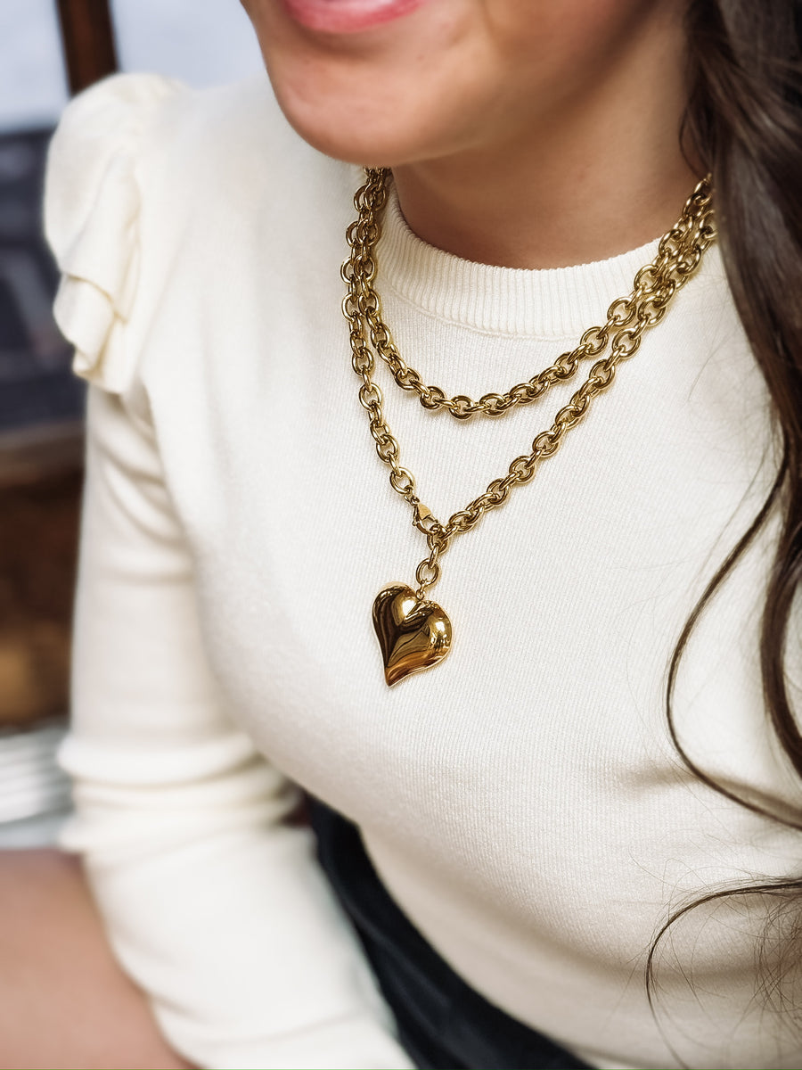 Adjustable extra long gold chain 3D heart pendant necklace