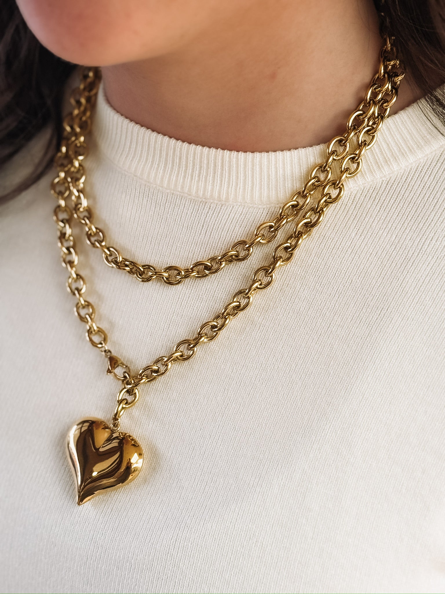 Adjustable extra long gold chain 3D heart pendant necklace