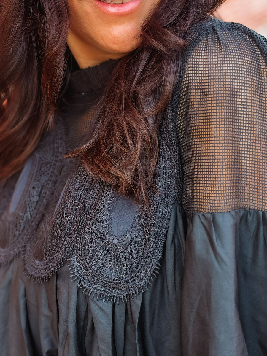 Black Appliqué Mixed Media Blouse