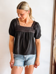 Black Crochet Detail Peasant Top
