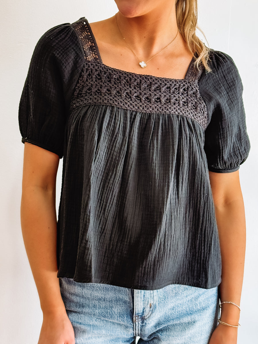 Black Crochet Detail Peasant Top