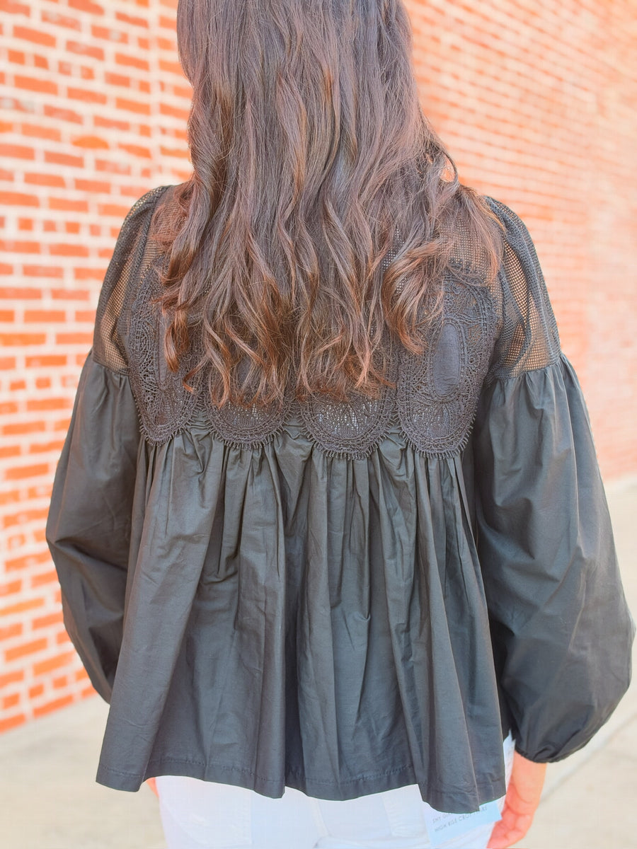 Black Long Sleeve Appliqué Mixed Media Blouse