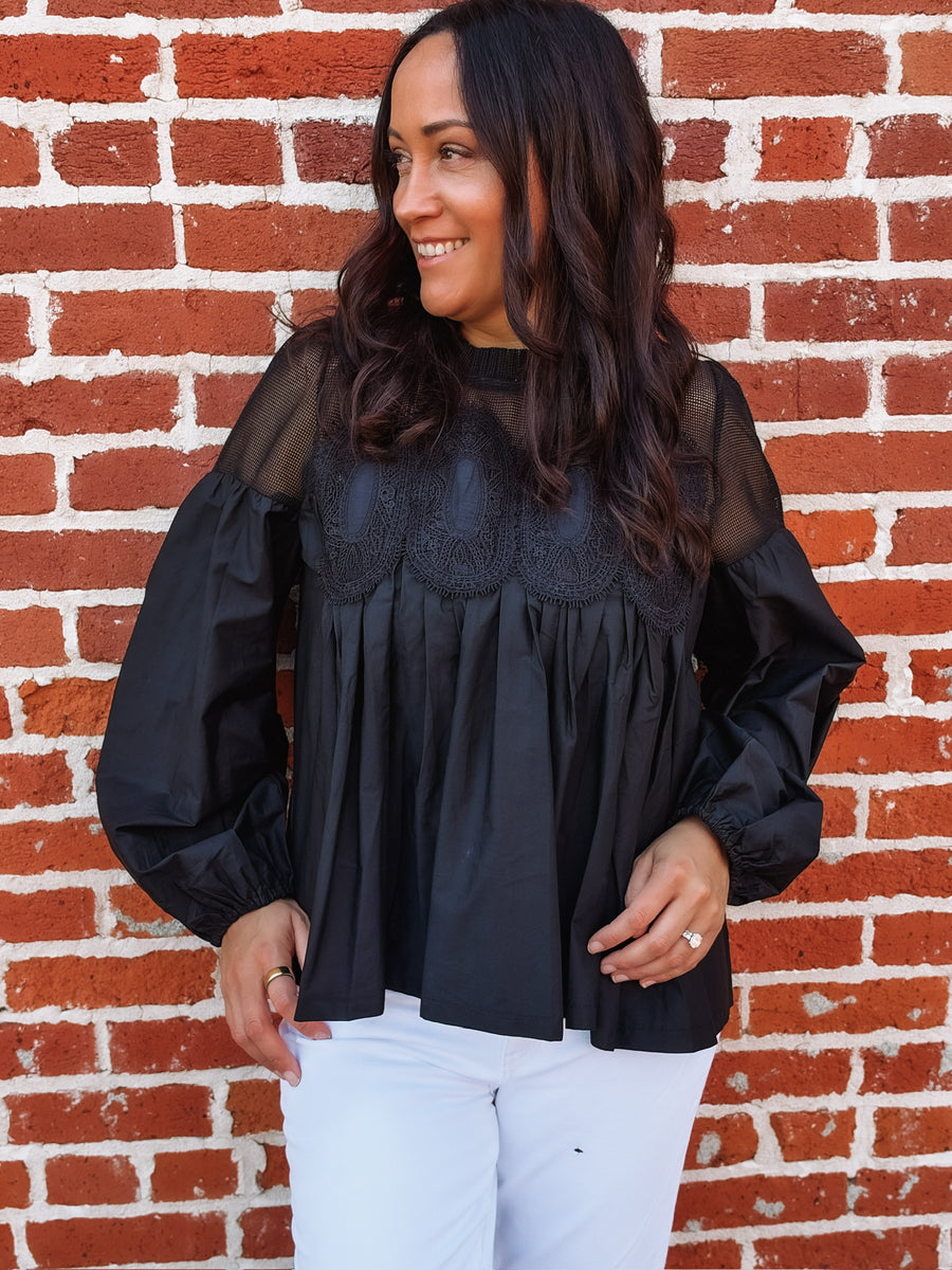 Black Long Sleeve Appliqué Poplin and mesh Blouse