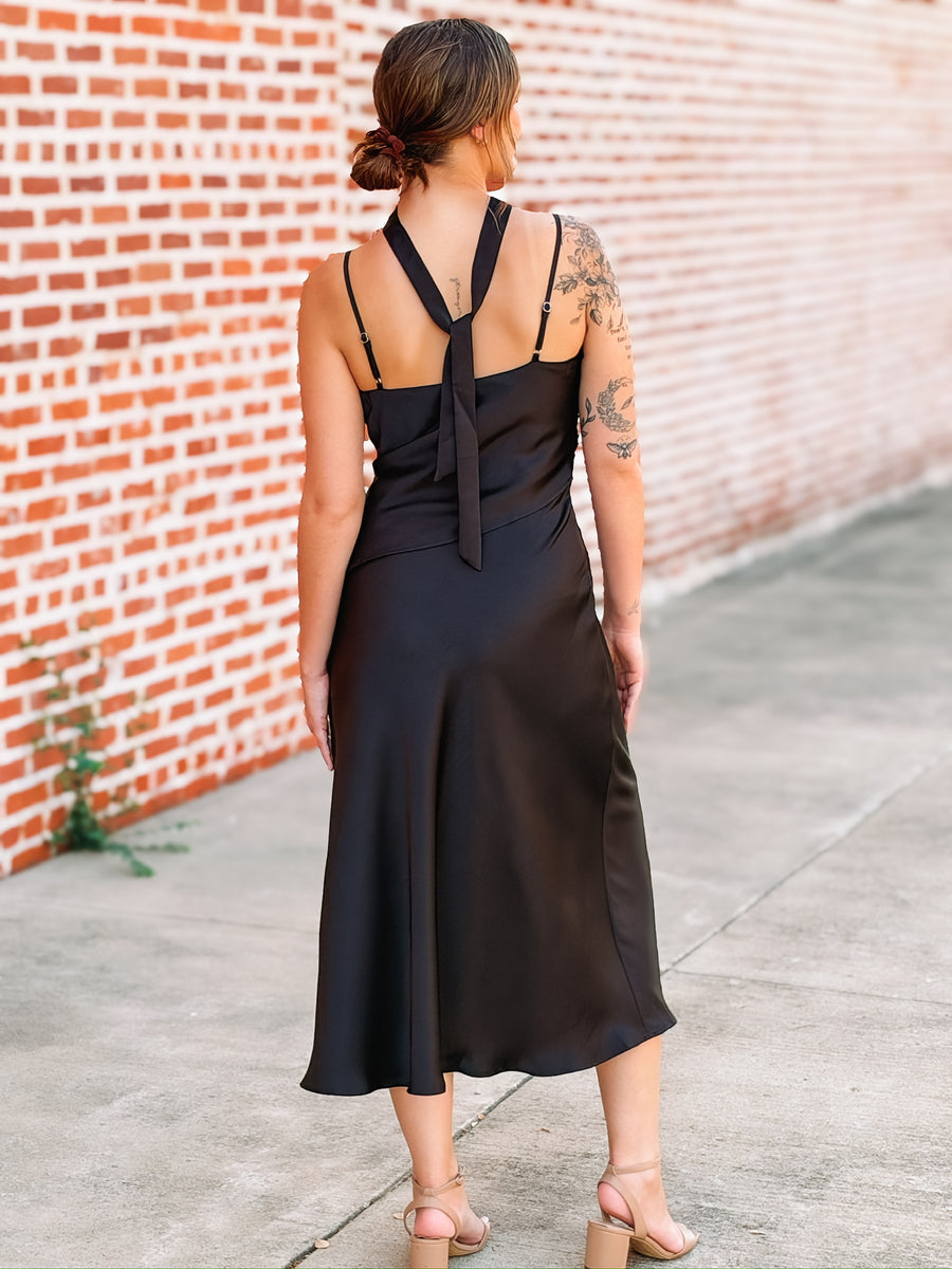 Black Satin Asymmetrical Midi Dress