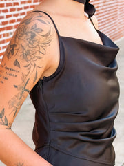 Black Satin Asymmetrical Midi Dress With cowl neckline