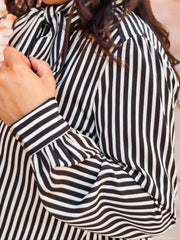 Black and white striped tie neck blouse