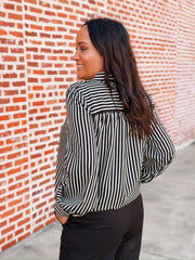  Black and white striped tie neck blouse 