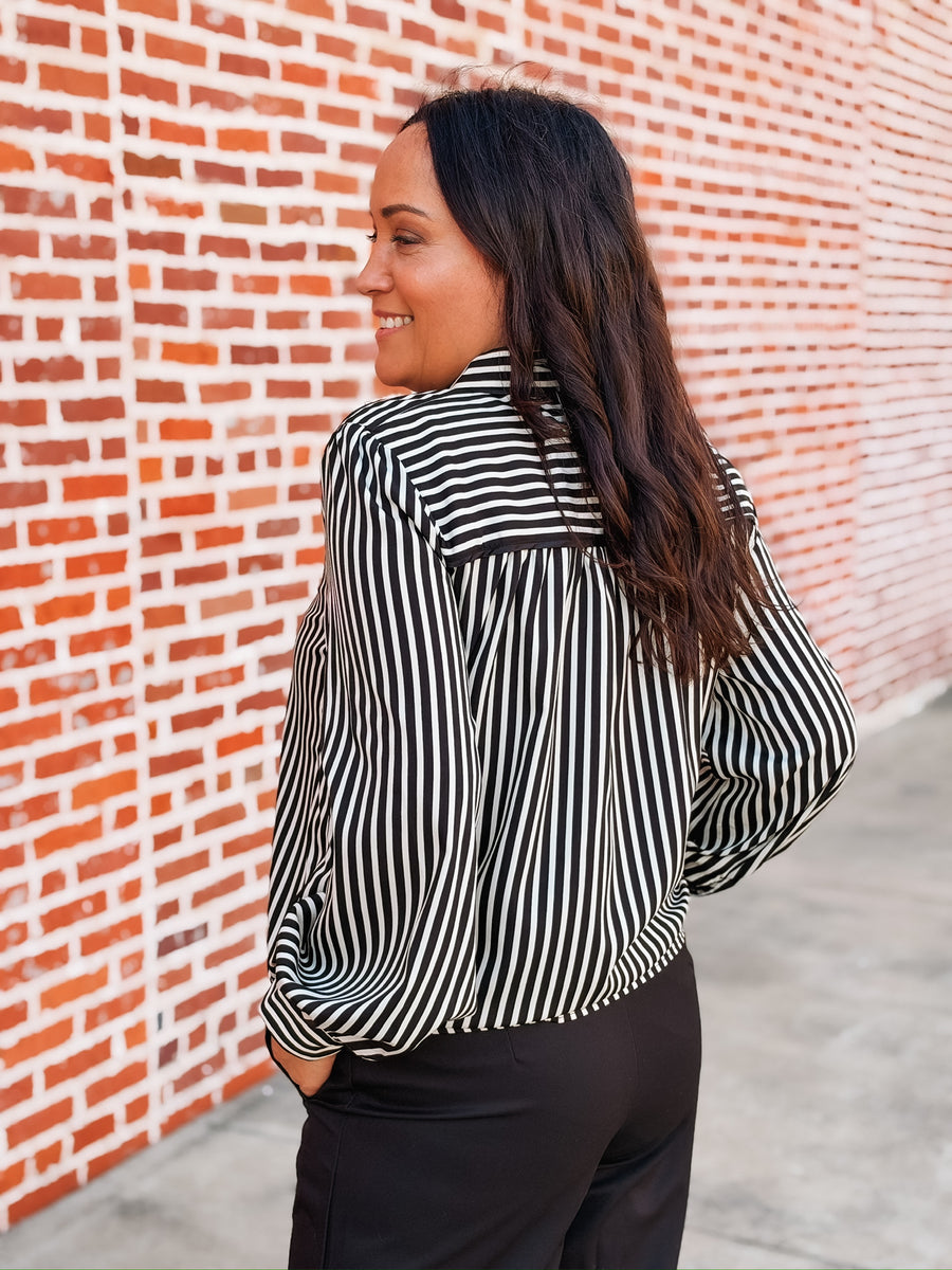  Black and white striped tie neck blouse 