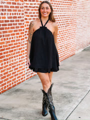 Black halter mini dress