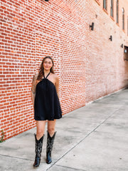 Black halter mini dress with ruffle  and satin detail