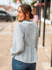 Blue gingham seersucker blouse 
