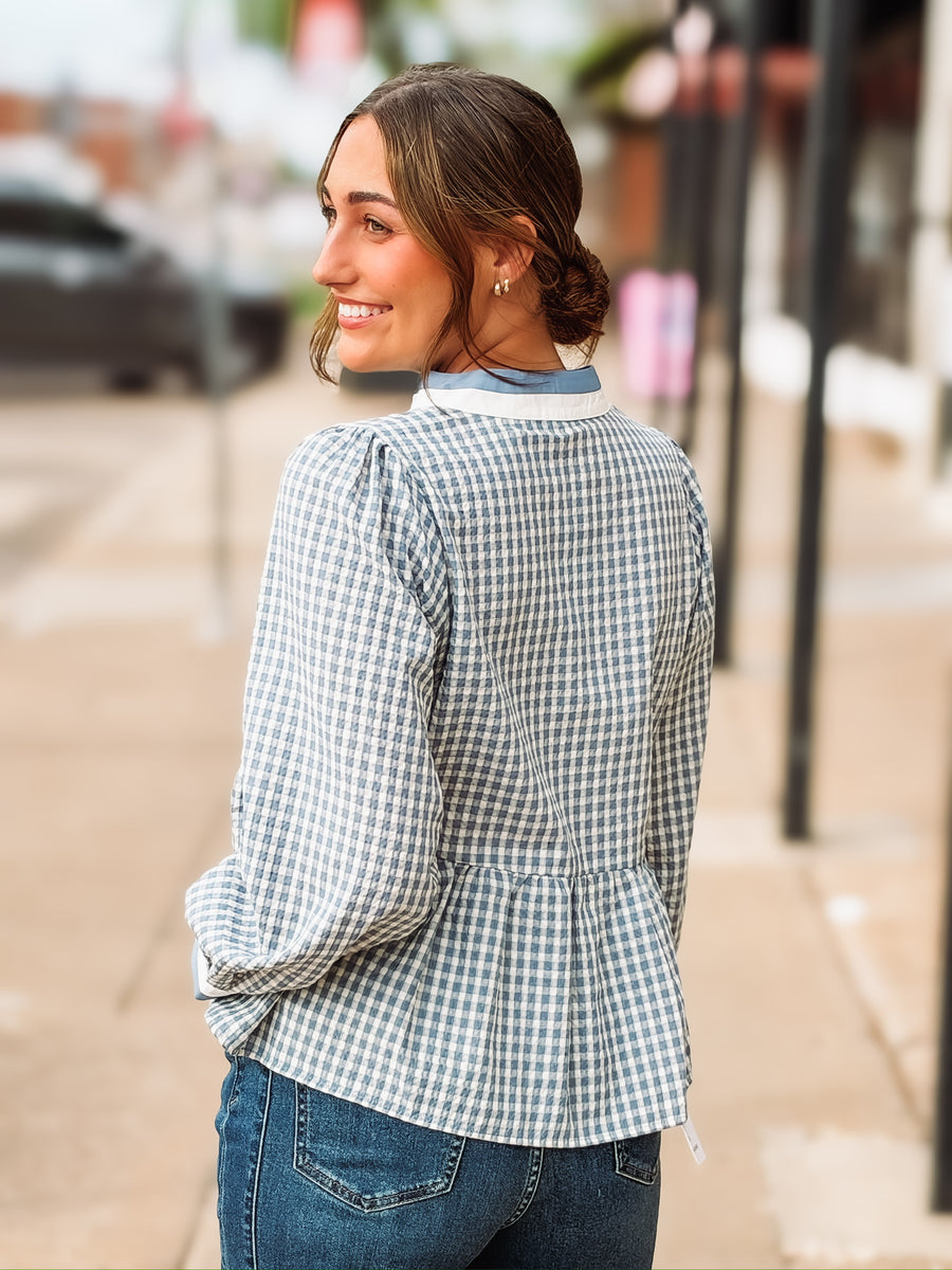 Blue gingham seersucker blouse 