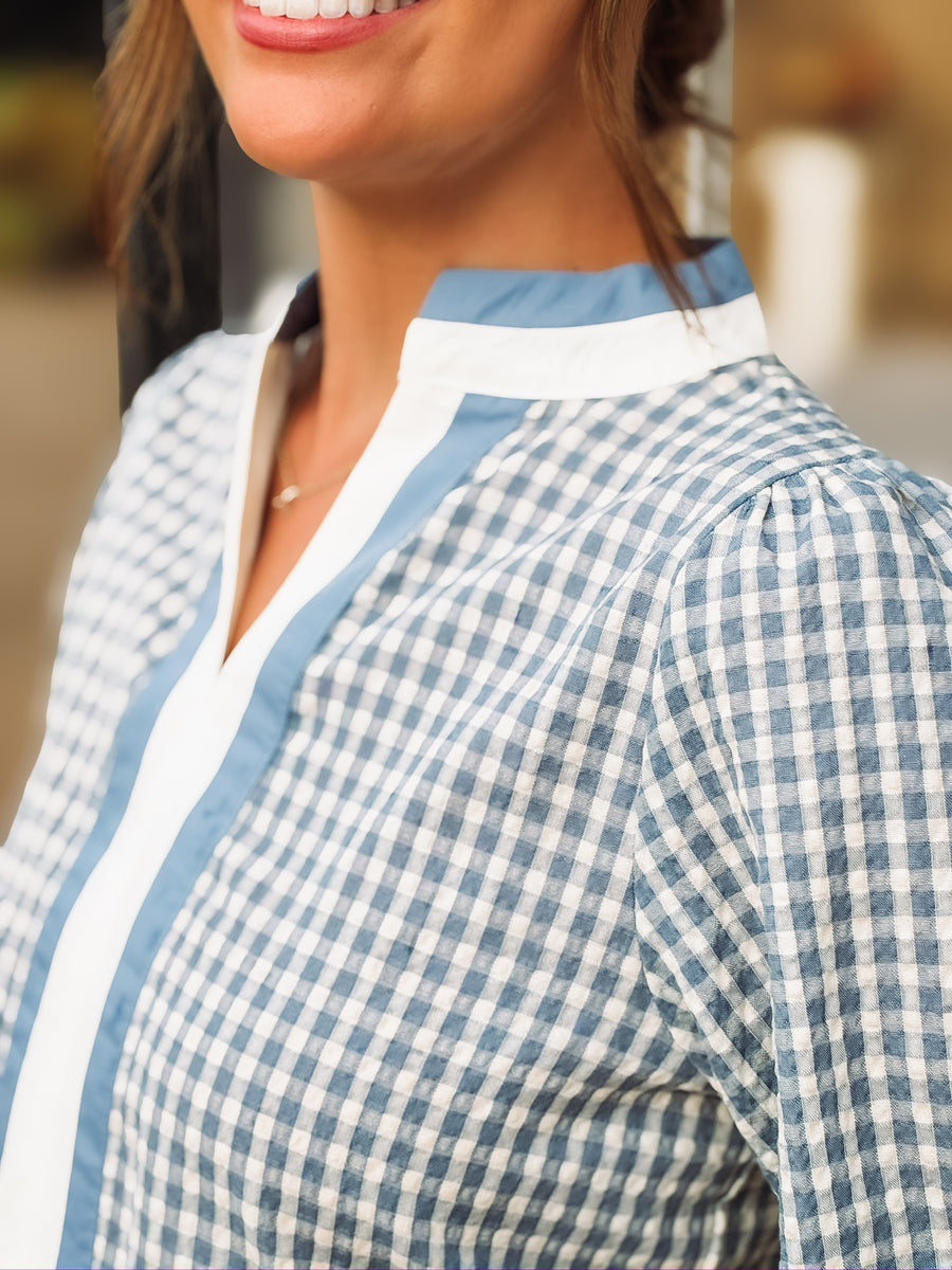 Blue gingham seersucker long sleeve blouse 