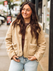 Bonded trim cropped button up sherpa jacket in a camel color.