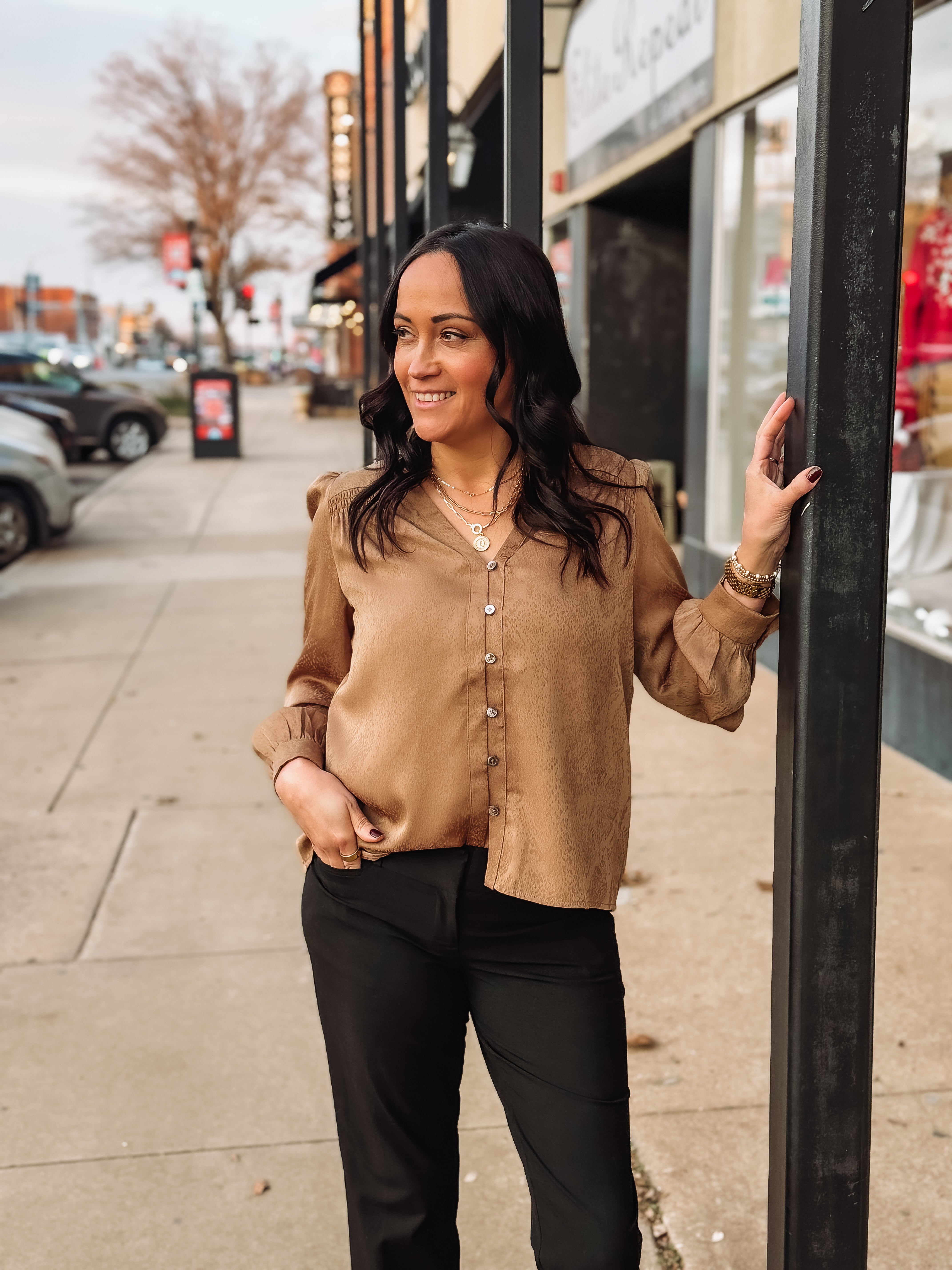 Bronze spotted long sleeve blouse with pleated detailing.
