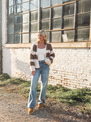 Brown and Cream knitted open front cardigan.