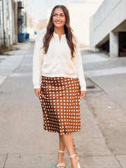 Brown and cream satin polka dot maxi skirt.