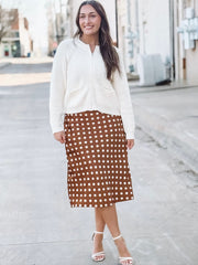 Brown and cream satin polka dot maxi skirt.