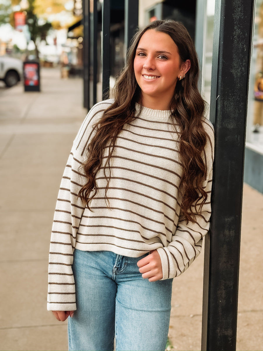 Brown and cream striped long sleeve sweater.