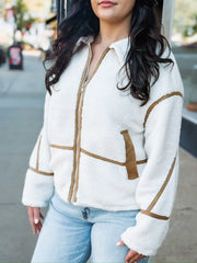 Brown suede contrast seamed sherpa jacket with zipper.