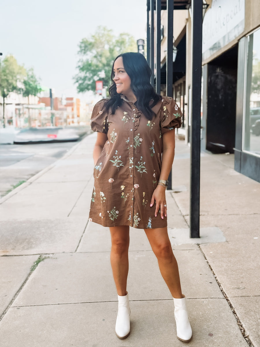 Brown floral button up mini dress dress with high ruffled neckline and puff short sleeves.