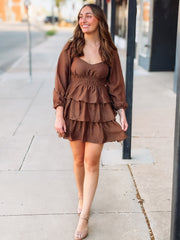 Brown long sleeve ruffle mini dress