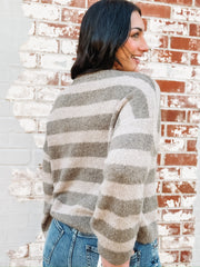 Fuzzy brown and mocha horizontal long sleeve striped cardigan with a button up front