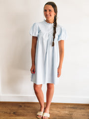 Pintuck short sleeve bubble sleeve mock neck dress.