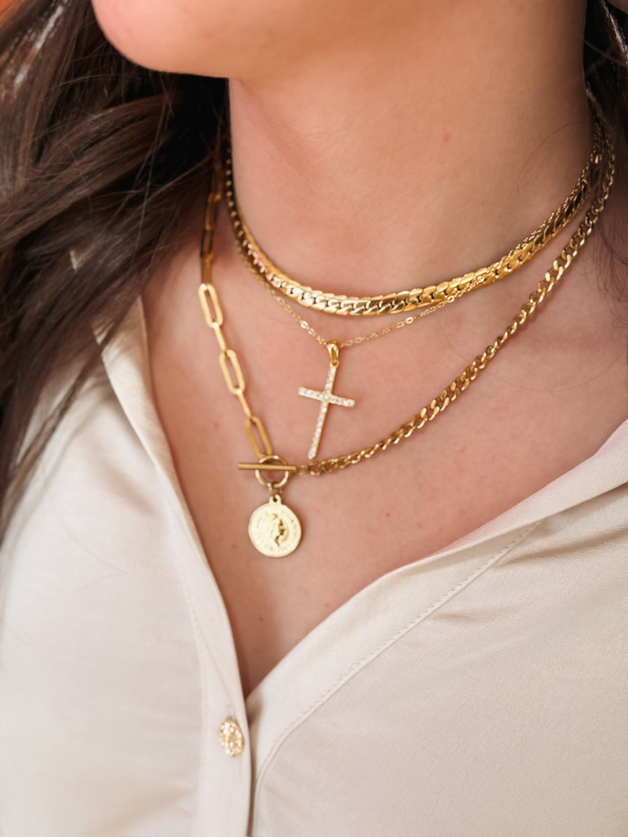 CZ cross necklace stack.