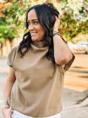 Camel elastic waist cap sleeve cowl neck top.