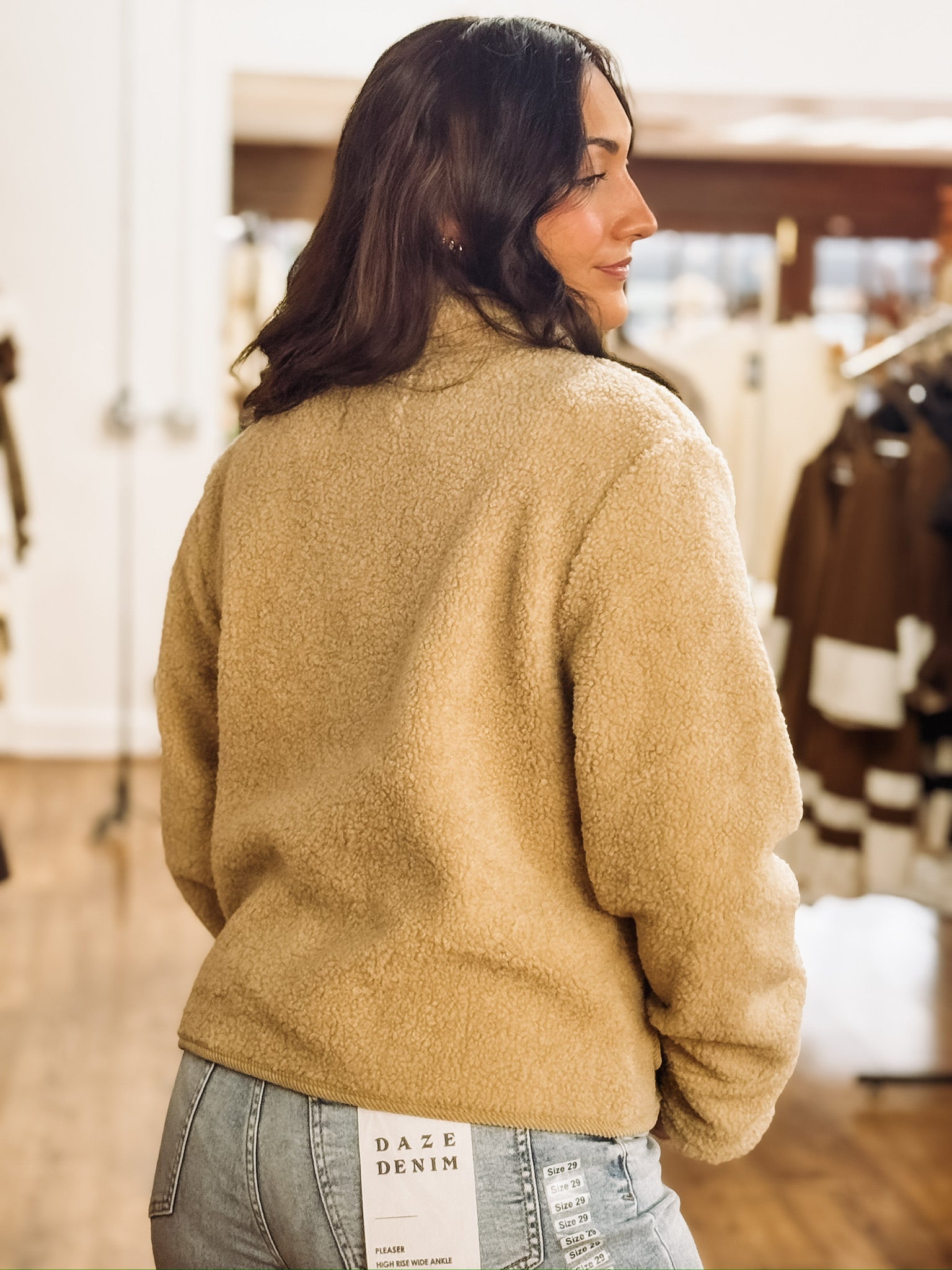 Bonded trim cropped button up sherpa jacket in a camel color.
