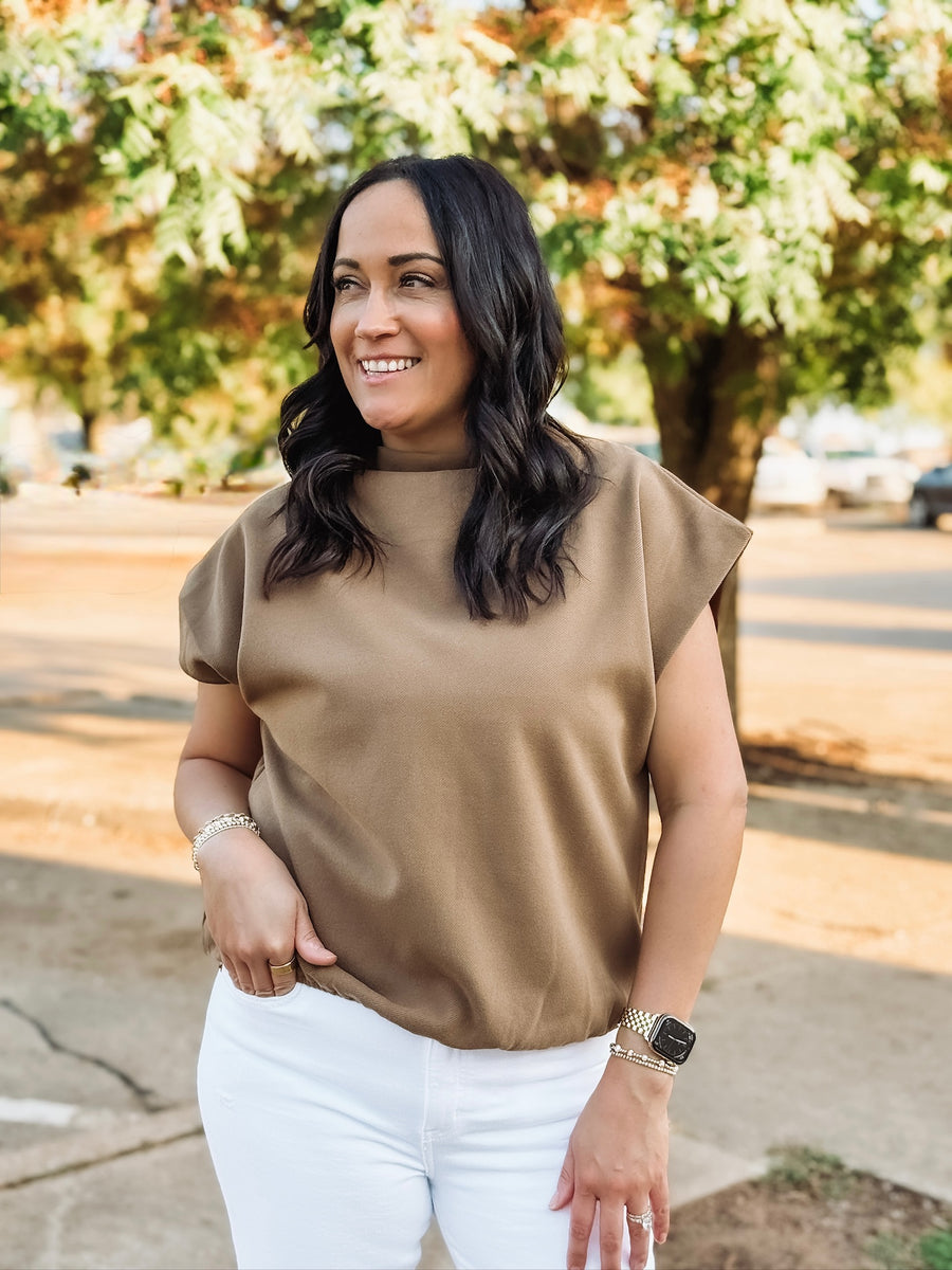 Camel elastic waist cap sleeve cowl neck top.