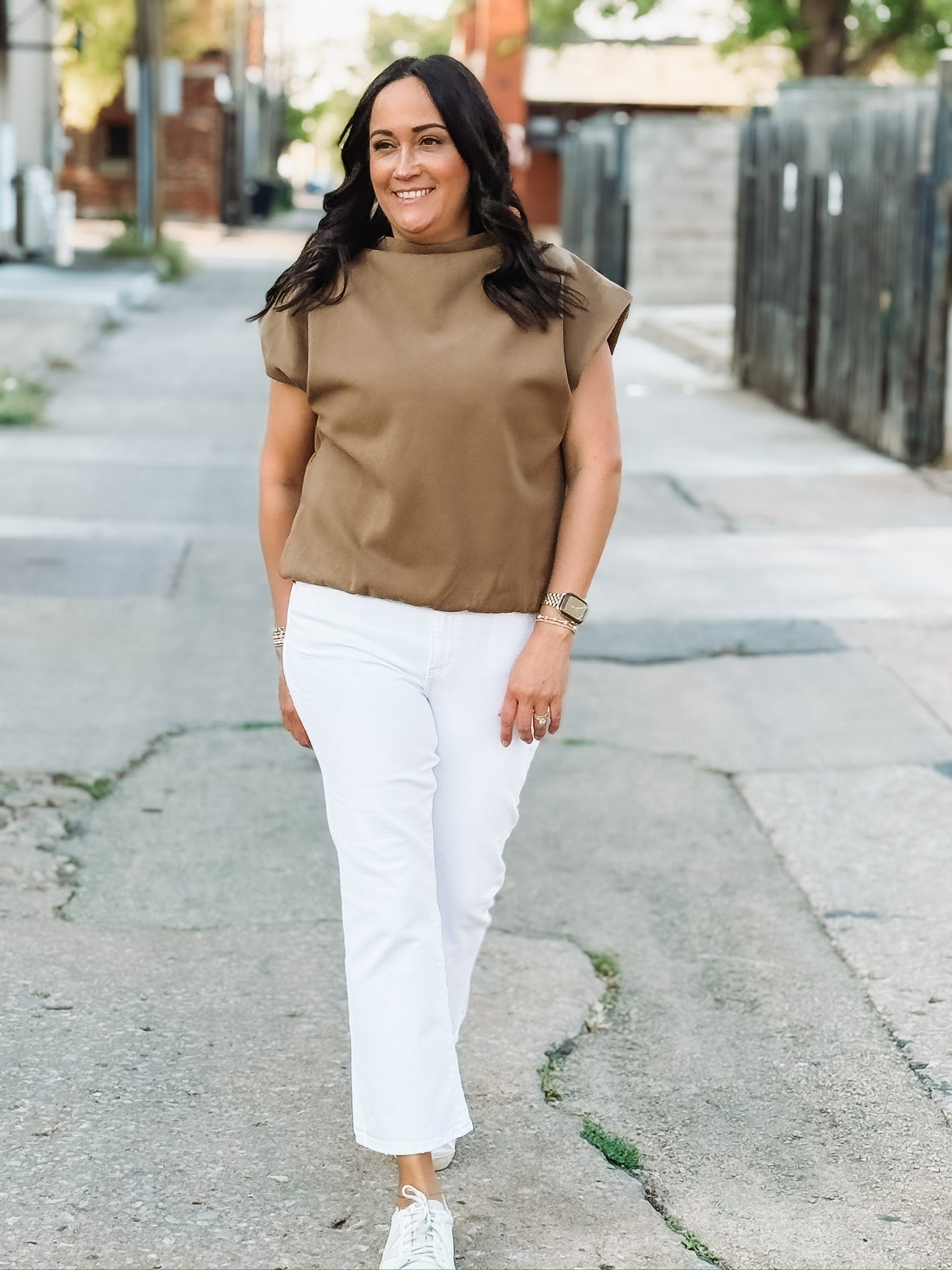 Camel elastic waist cap sleeve cowl neck top.