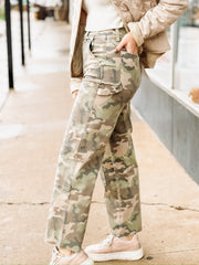 Sundaze jeans in Carpenter , a straight leg stopped cut, In Hideway, a dark camo print.