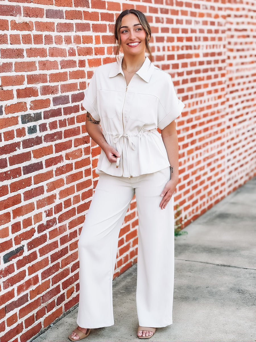 Cinch waist short sleeve pant set 