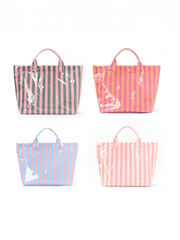 Four striped bags in pink, green, blue, and pink on a white background