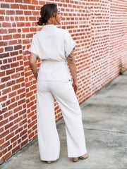 Cream cinch waist short sleeve pant set 
