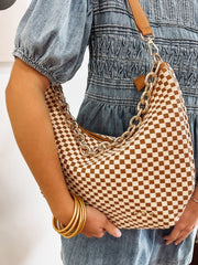 Cream and Brown shoulder purse with leather strap and chain strap.